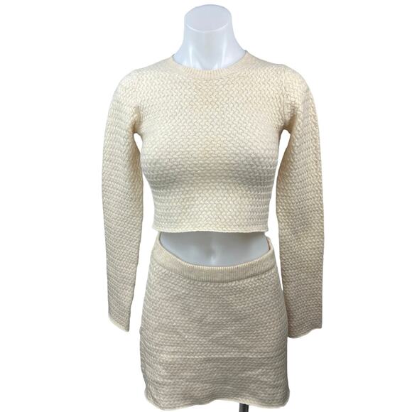 Princess Polly Dresses & Skirts - Princess Polly Cream Cropped Crew Neck Long Sleeve Two Piece Skirt Set Size 4